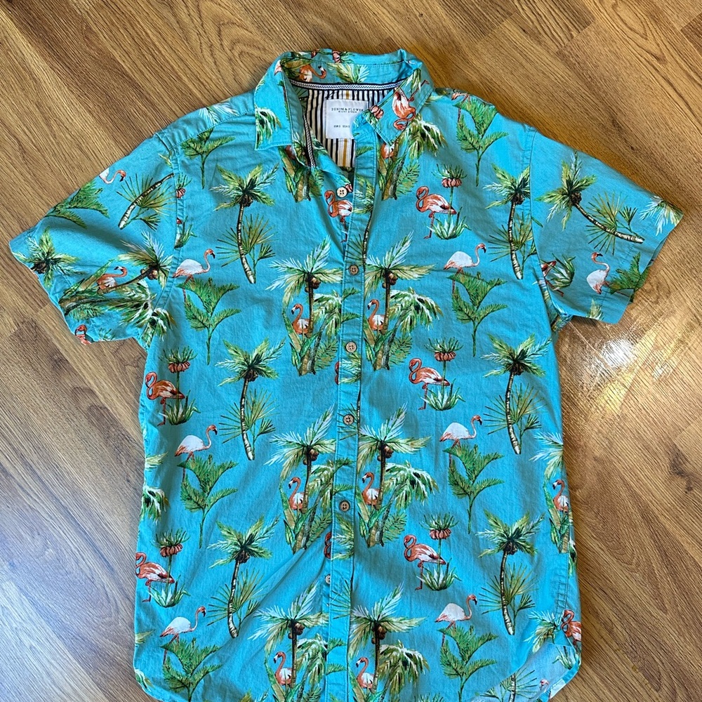 Denim & Flower Blue Green Casual Button Down Summer Beach Shirt